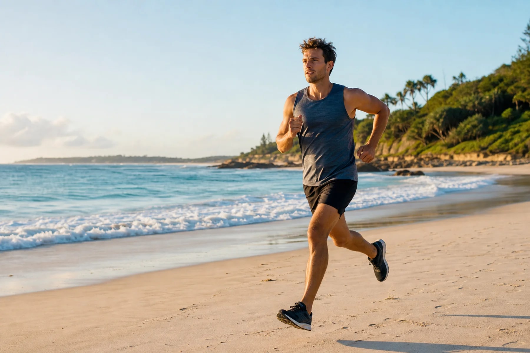 A fit man running along a bright beach