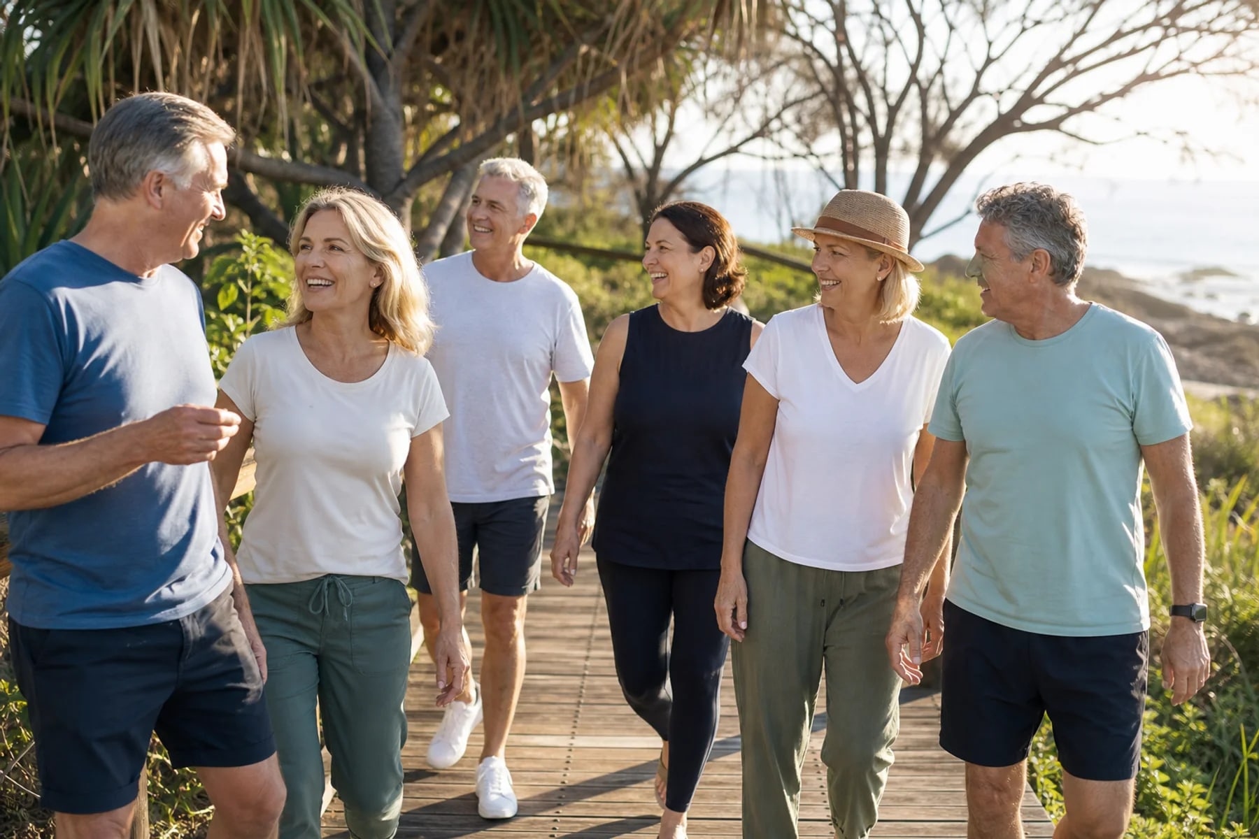 A group of friends walking together on a sunny boardwalk