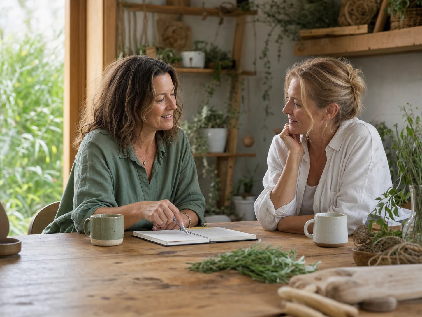 Two women having a relaxed business conversation at a workbench