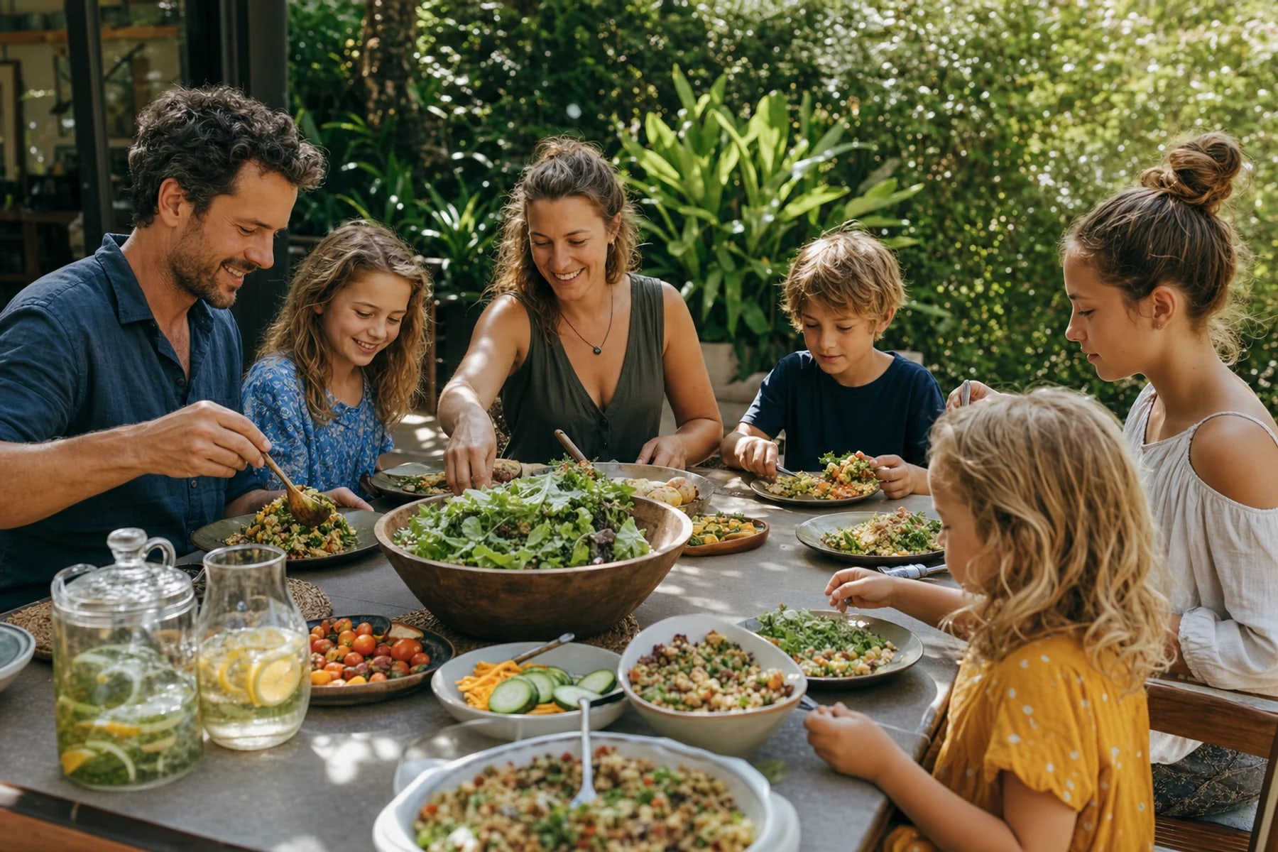 A family sharing a colourful plant-based lunch outdoors