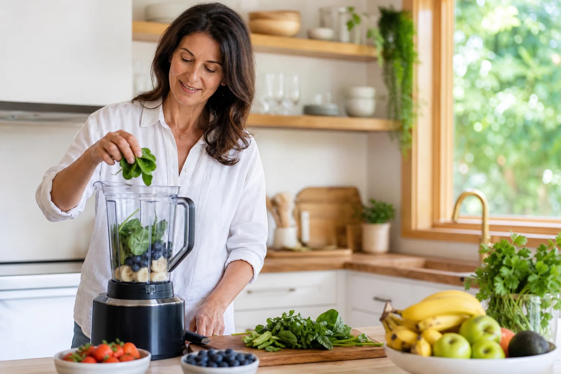 A woman making a smoothie in a bright kitchen