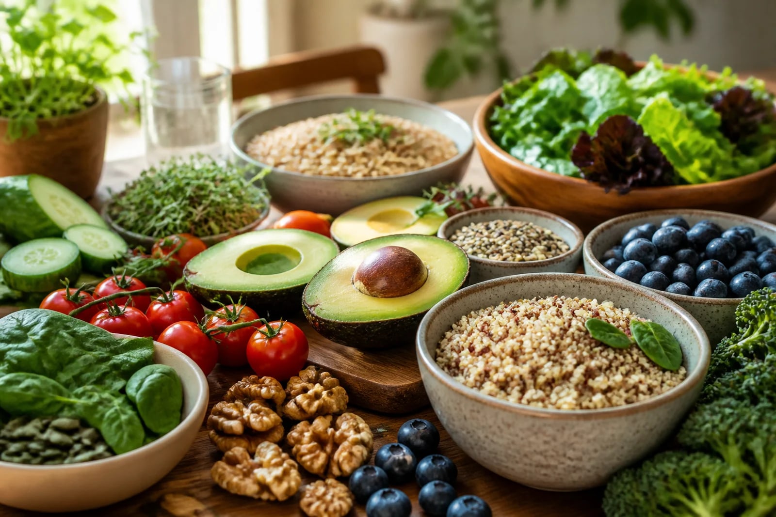 A colourful spread of avocado, vegetables, berries, nuts, seeds and whole grains