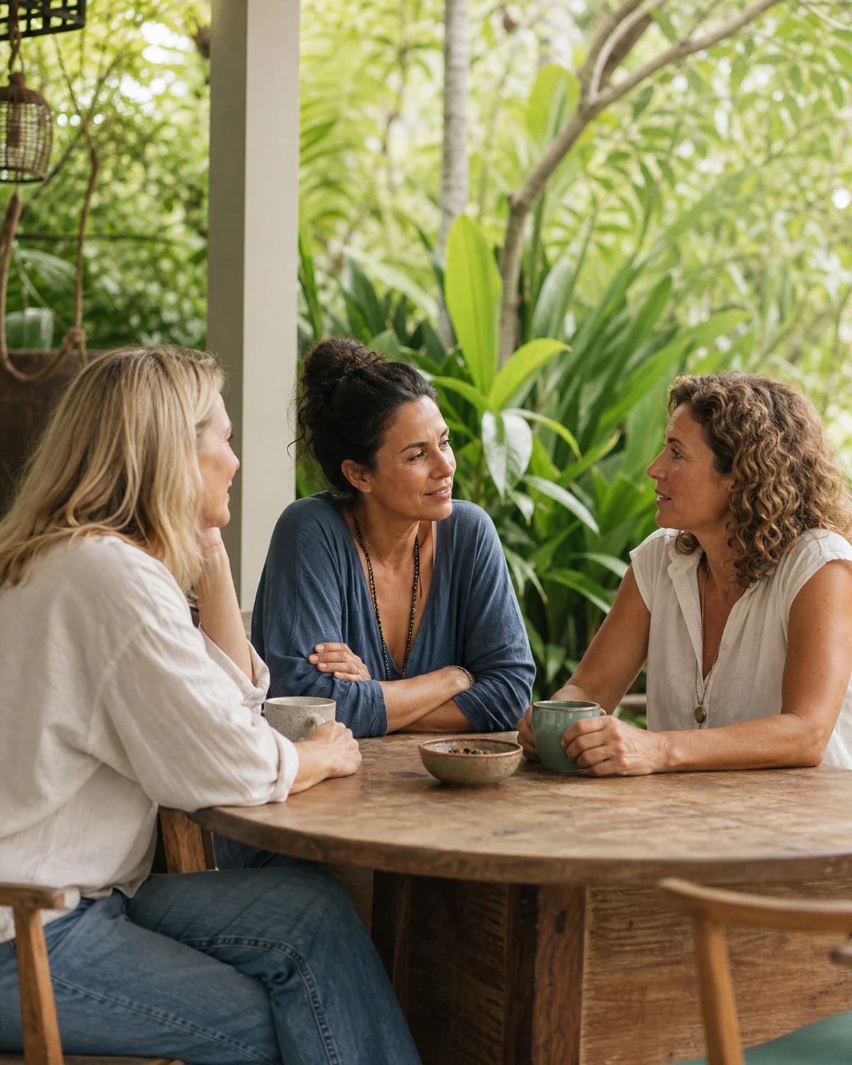Three women sharing a supportive conversation around an outdoor table